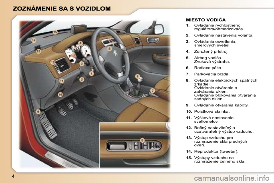 Peugeot 307 2007  Užívateľská príručka (in Slovak) �M�I�E�S�T�O� �V�O�D�I�Č�A
�1�.�  �O�v�l�á�d�a�n�i�e� �r�ý�c�h�l�o�s�t�n�é�h�o� �r�e�g�u�l�á�t�o�r�a�/�o�b�m�e�d�z�o�v�a�č�a�.
�2�.�  �O�v�l�á�d�a�n�i�e� �n�a�s�t�a�v�e�n�i�a� �v�o�l�a�n�t�u�.
