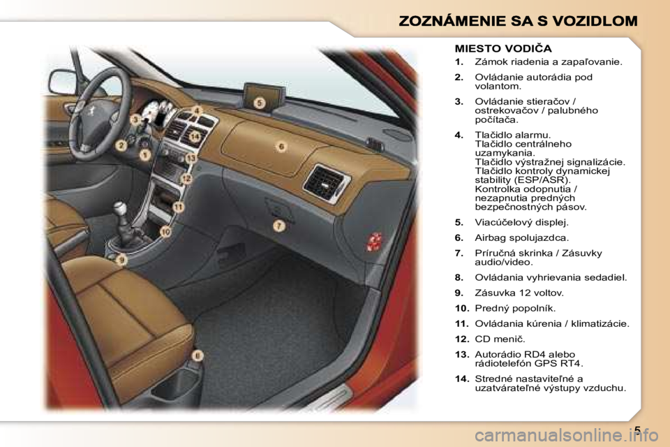 Peugeot 307 2007  Užívateľská príručka (in Slovak) �1�.� �Z�á�m�o�k� �r�i�a�d�e�n�i�a� �a� �z�a�p�a-�o�v�a�n�i�e�.
�2�.�  �O�v�l�á�d�a�n�i�e� �a�u�t�o�r�á�d�i�a� �p�o�d� �v�o�l�a�n�t�o�m�.
�3�.�  �O�v�l�á�d�a�n�i�e� �s�t�i�e�r�a�č�o�v� �/� �o�s�