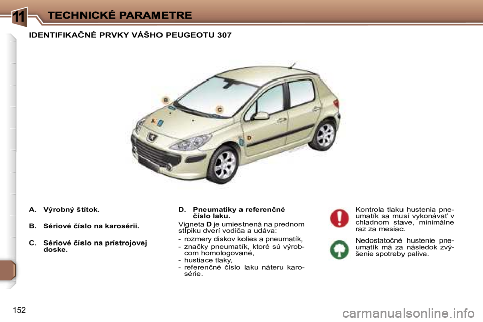 Peugeot 307 2007  Užívateľská príručka (in Slovak) �1
�1�5�2
�I�D�E�N�T�I�F�I�K�A�Č�N�É� �P�R�V�K�Y� �V�Á�Š�H�O� �P�E�U�G�E�O�T�U� �3�0�7
�D�.�  �P�n�e�u�m�a�t�i�k�y� �a� �r�e�f�e�r�e�n�č�n�é� �č�í�s�l�o� �l�a�k�u�.
�V�i�g�n�e�t�a� �D� �j�e� �