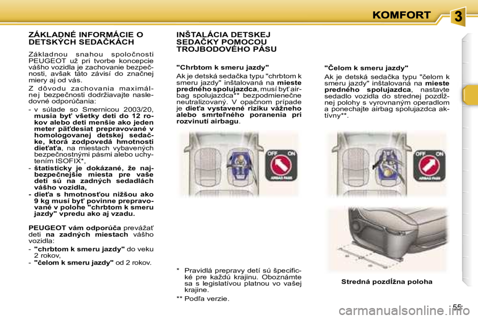 Peugeot 307 2007  Užívateľská príručka (in Slovak) �5�5
�"�Č�e�l�o�m� �k� �s�m�e�r�u� �j�a�z�d�y�"
�A�k�  �j�e�  �d�e�t�s�k�á�  �s�e�d�a�č�k�a�  �t�y�p�u�  �"�č�e�l�o�m�  �k� �s�m�e�r�u�  �j�a�z�d�y�"�  �i�n�š�t�a�l�o�v�a�n�á�  �