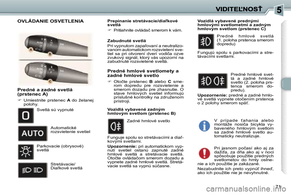 Peugeot 307 2007  Užívateľská príručka (in Slovak) �7�1
�P�r�e�d�n�é� �a� �z�a�d�n�é� �s�v�e�t�l�á� �(�p�r�s�t�e�n�e�c� �A�)
��  �U�m�i�e�s�t�n�i�t�e�  �p�r�s�t�e�n�e�c� �A� �d�o�  �ž�e�l�a�n�e�j� �p�o�l�o�h�y�.
�P�r�e�p�í�n�a�n�i�e� �s�t�r�e�