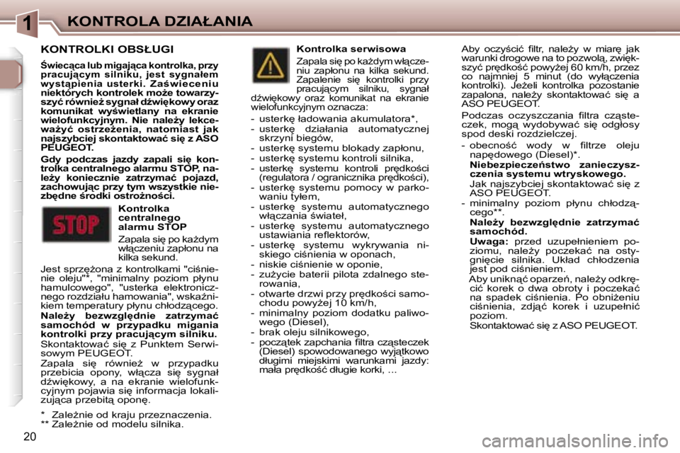Peugeot 307 2006  Instrukcja Obsługi (in Polish) �1�K�O�N�T�R�O�L�A� �D�Z�I�A�Ł�A�N�I�A
�2�0
�K�O�N�T�R�O�L�K�I� �O�B�S�Ł�U�G�I
:�w�i�e�c"�c�a� �l�u�b� �m�i�g�a�j"�c�a� �k�o�n�t�r�o�l�k�a�,� �p�r�z�y�  
�p�r�a�c�u�j"�c�y�m�  �s�i�l