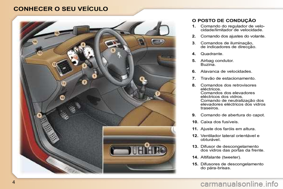 Peugeot 307 2006  Manual do proprietário (in Portuguese) �4
�C�O�N�H�E�C�E�R� �O� �S�E�U� �V�E�Í�C�U�L�O
�O� �P�O�S�T�O� �D�E� �C�O�N�D�U�Ç�Ã�O
�1�.� �C�o�m�a�n�d�o� �d�o� �r�e�g�u�l�a�d�o�r� �d�e� �v�e�l�o�- 
�c�i�d�a�d�e�/�l�i�m�i�t�a�d�o�r� �d�e� �v�e