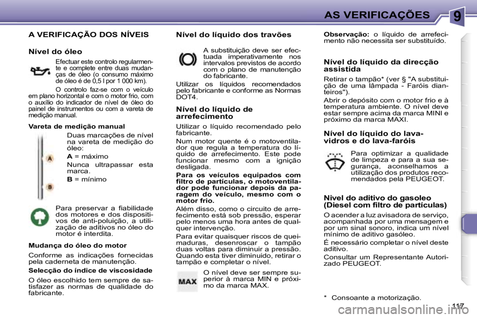 Peugeot 307 2006  Manual do proprietário (in Portuguese) �9
�1�1�7
�A� �V�E�R�I�F�I�C�A�Ç�Ã�O� �D�O�S� �N�Í�V�E�I�S
�D�u�a�s� �m�a�r�c�a�ç�õ�e�s� �d�e� �n�í�v�e�l�  
�n�a�  �v�a�r�e�t�a�  �d�e�  �m�e�d�i�ç�ã�o�  �d�o� 
�ó�l�e�o�: 
�A� �=� �m�á�x�i
