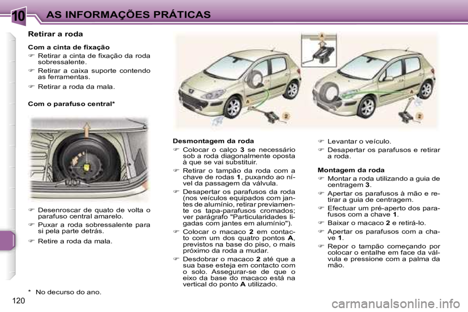 Peugeot 307 2006  Manual do proprietário (in Portuguese) �1�0
�1�2�0
�D�e�s�m�o�n�t�a�g�e�m� �d�a� �r�o�d�a 
��  �C�o�l�o�c�a�r�  �o�  �c�a�l�ç�o�  �3�  �s�e�  �n�e�c�e�s�s�á�r�i�o� 
�s�o�b� �a� �r�o�d�a� �d�i�a�g�o�n�a�l�m�e�n�t�e� �o�p�o�s�t�a�  
�à