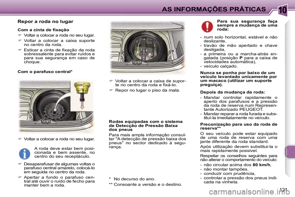 Peugeot 307 2006  Manual do proprietário (in Portuguese) �1�0
�1�2�1
�R�e�p�o�r� �a� �r�o�d�a� �n�o� �l�u�g�a�r
�C�o�m� �a� �c�i�n�t�a� �d�e� �f�i�x�a�ç�ã�o 
��  �V�o�l�t�a�r� �a� �c�o�l�o�c�a�r� �a� �r�o�d�a� �n�o� �s�e�u� �l�u�g�a�r�.
� �  �V�o�l�