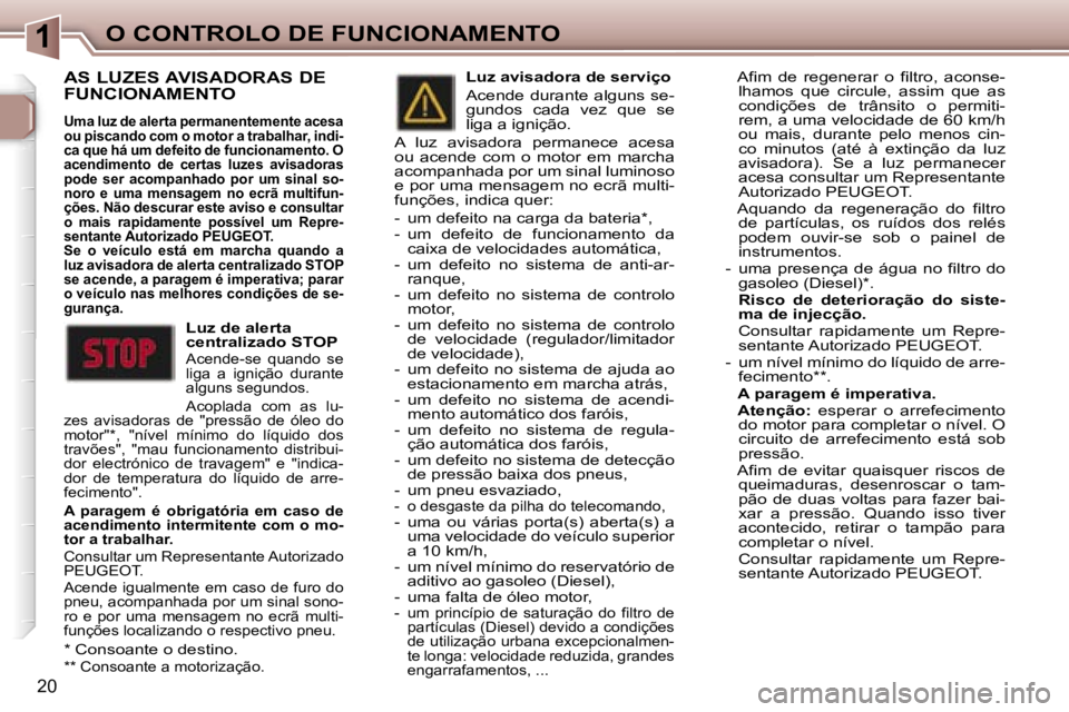 Peugeot 307 2006  Manual do proprietário (in Portuguese) �1�O� �C�O�N�T�R�O�L�O� �D�E� �F�U�N�C�I�O�N�A�M�E�N�T�O
�2�0
�A�S� �L�U�Z�E�S� �A�V�I�S�A�D�O�R�A�S� �D�E�  
�F�U�N�C�I�O�N�A�M�E�N�T�O
�U�m�a� �l�u�z� �d�e� �a�l�e�r�t�a� �p�e�r�m�a�n�e�n�t�e�m�e�n�