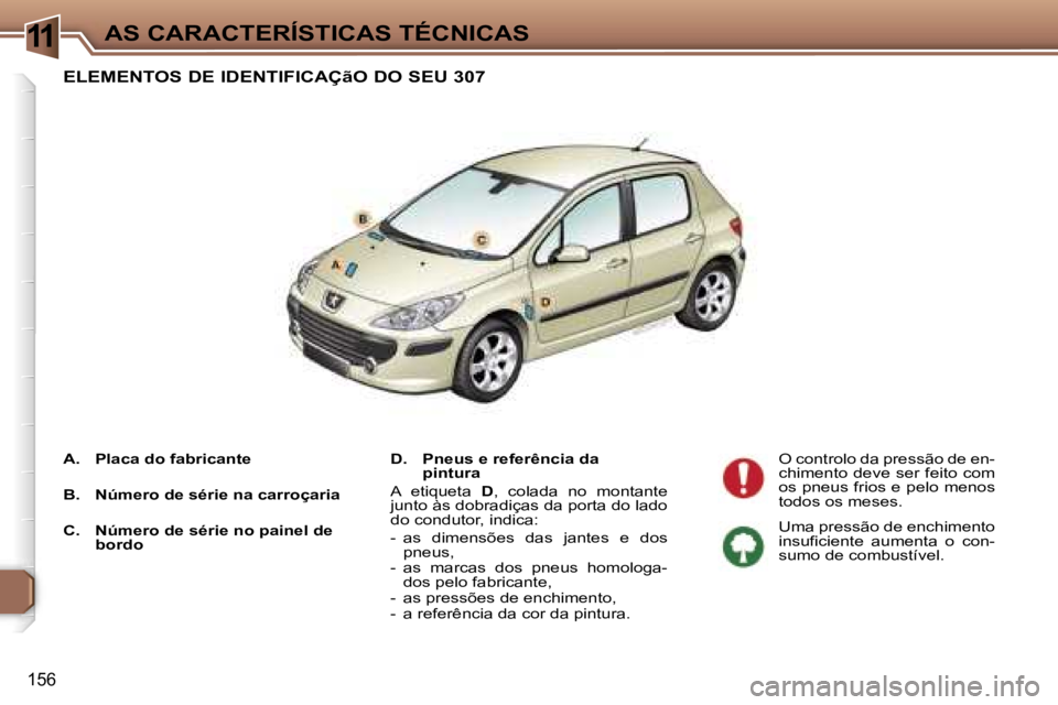 Peugeot 307 2006  Manual do proprietário (in Portuguese) �1�1�A�S� �C�A�R�A�C�T�E�R�Í�S�T�I�C�A�S� �T�É�C�N�I�C�A�S
�1�5�6
�E�L�E�M�E�N�T�O�S� �D�E� �I�D�E�N�T�I�F�I�C�A�Ç�ã�O� �D�O� �S�E�U� �3�0�7
�D�.� �P�n�e�u�s� �e� �r�e�f�e�r�ê�n�c�i�a� �d�a�  
�p