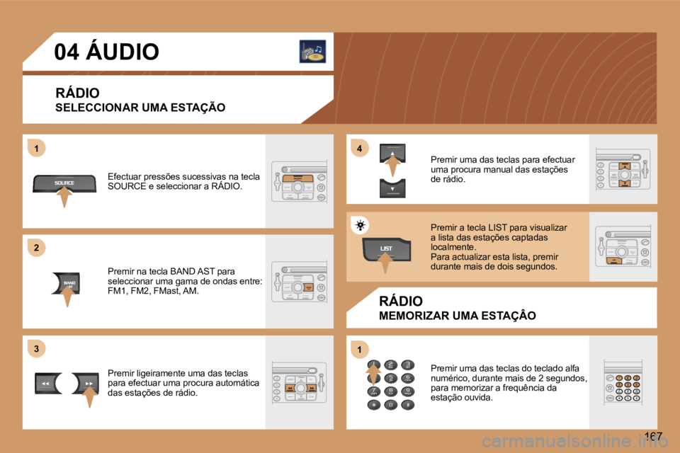 Peugeot 307 2006  Manual do proprietário (in Portuguese) �1 
�2 
�3�4 
�1
�1�6�7
�0�4� �Á�U�D�I�O
�R�Á�D�I�O 
�S�E�L�E�C�C�I�O�N�A�R� �U�M�A� �E�S�T�A�Ç�Ã�O
�R�Á�D�I�O
�M�E�M�O�R�I�Z�A�R� �U�M�A� �E�S�T�A�Ç�Â�O
�E�f�e�c�t�u�a�r� �p�r�e�s�s�õ�e�s� �s