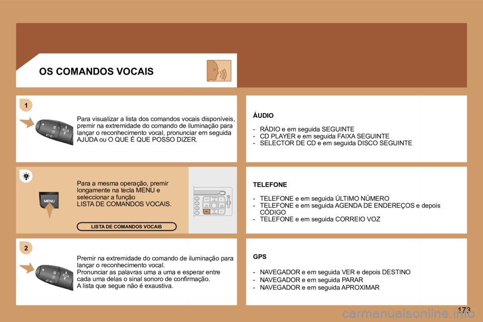 Peugeot 307 2006  Manual do proprietário (in Portuguese) �2
�1
�1�7�3
�P�r�e�m�i�r� �n�a� �e�x�t�r�e�m�i�d�a�d�e� �d�o� �c�o�m�a�n�d�o� �d�e� �i�l�u�m�i�n�a�ç�ã�o� �p�a�r�a
� 
�l�a�n�ç�a�r� �o� �r�e�c�o�n�h�e�c�i�m�e�n�t�o� �v�o�c�a�l�. 
�P�r�o�n�u�n�c�i