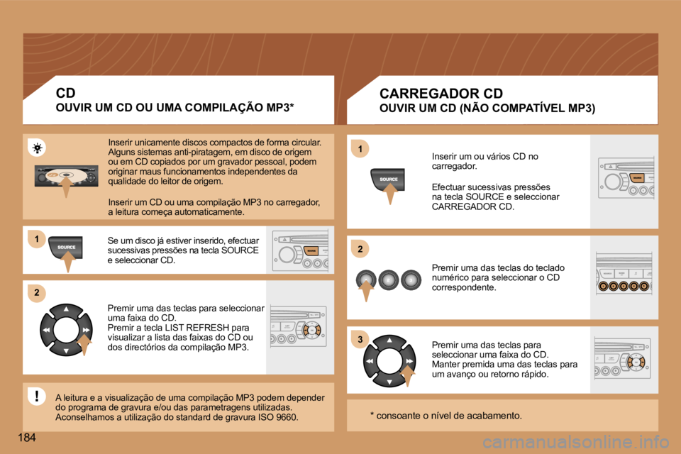 Peugeot 307 2006  Manual do proprietário (in Portuguese) �1 
�2 
�3
�1 
�2
�1�8�4
�C�A�R�R�E�G�A�D�O�R� �C�D
�O�U�V�I�R� �U�M� �C�D� �(�N�Ã�O� �C�O�M�P�A�T�Í�V�E�L� �M�P�3�)
�I�n�s�e�r�i�r� �u�m� �o�u� �v�á�r�i�o�s� �C�D� �n�o�  
�c�a�r�r�e�g�a�d�o�r�. 
