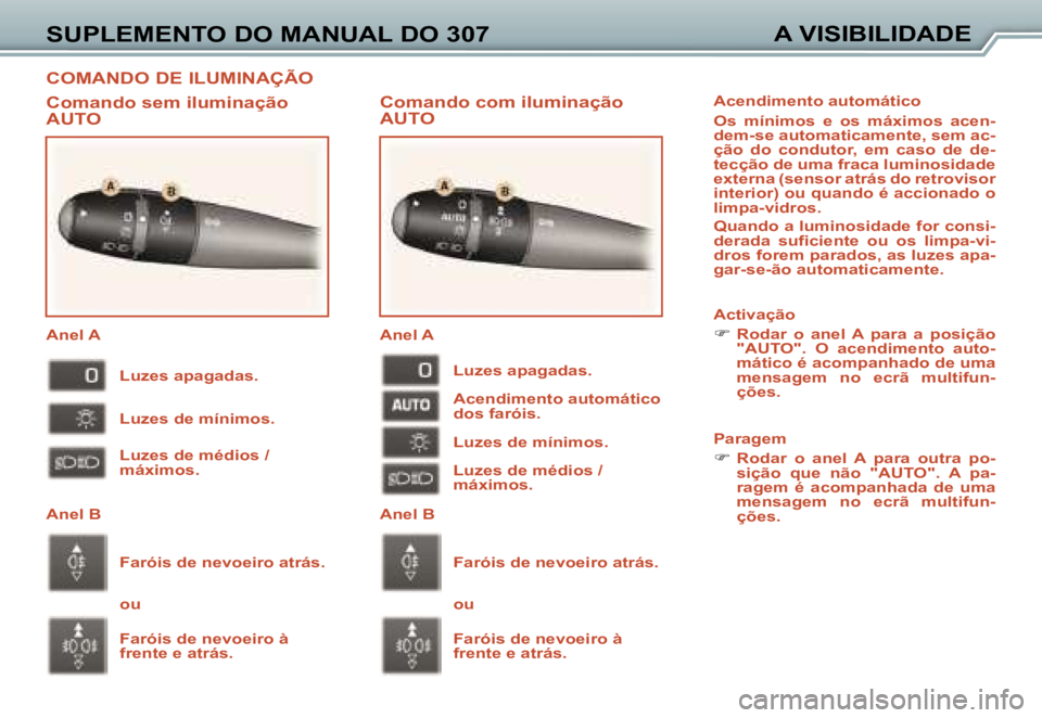 Peugeot 307 2006  Manual do proprietário (in Portuguese) �C�O�M�A�N�D�O� �D�E� �I�L�U�M�I�N�A�Ç�Ã�O
�S�U�P�L�E�M�E�N�T�O� �D�O� �M�A�N�U�A�L� �D�O� �3�0�7�A� �V�I�S�I�B�I�L�I�D�A�D�E
�C�o�m�a�n�d�o� �c�o�m� �i�l�u�m�i�n�a�ç�ã�o�  
�A�U�T�O
�C�o�m�a�n�d�