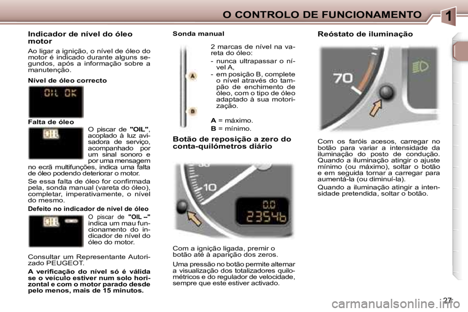 Peugeot 307 2006  Manual do proprietário (in Portuguese) �1�O� �C�O�N�T�R�O�L�O� �D�E� �F�U�N�C�I�O�N�A�M�E�N�T�O
�2�7
�C�o�m�  �o�s�  �f�a�r�ó�i�s�  �a�c�e�s�o�s�,�  �c�a�r�r�e�g�a�r�  �n�o�  
�b�o�t�ã�o�  �p�a�r�a�  �v�a�r�i�a�r�  �a�  �i�n�t�e�n�s�i�d�