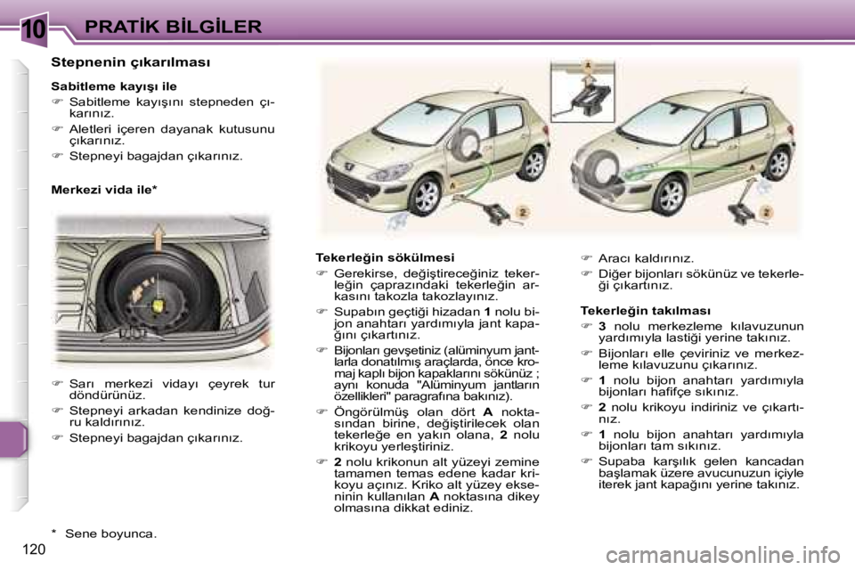 Peugeot 307 2006  Kullanım Kılavuzu (in Turkish) �1�0
�1�2�0
�T�e�k�e�r�l�e�ğ�i�n� �s�ö�k�ü�l�m�e�s�i 
��  �G�e�r�e�k�i�r�s�e�,�  �d�e�ğ�i�ş�t�i�r�e�c�e�ğ�i�n�i�z�  �t�e�k�e�r�-
�l�e�ğ�i�n�  �ç�a�p�r�a�z�ı�n�d�a�k�i�  �t�e�k�e�r�l�e�ğ�i
