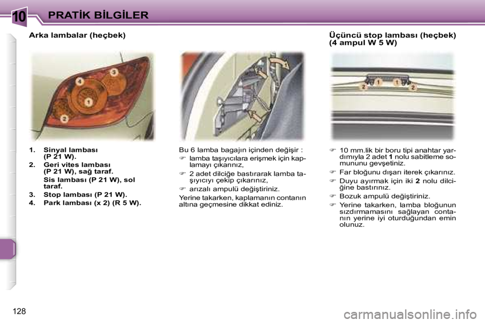 Peugeot 307 2006  Kullanım Kılavuzu (in Turkish) �1�0
�1�2�8
�1�.�  �S�i�n�y�a�l� �l�a�m�b�a�s�ı�(�P� �2�1� �W�)�.
�2�.�  �G�e�r�i� �v�i�t�e�s� �l�a�m�b�a�s�ı �(�P� �2�1� �W�)�,� �s�a�ğ� �t�a�r�a�f�.
�  �S�i�s� �l�a�m�b�a�s�ı� �(�P� �2�1� �W�)�,
