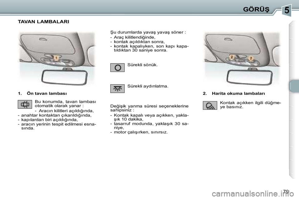 Peugeot 307 2006  Kullanım Kılavuzu (in Turkish) �5�G�Ö�R�Ü�Ş
�7�9
�1�.�  �Ö�n� �t�a�v�a�n� �l�a�m�b�a�s�ı�2�.�  �H�a�r�i�t�a� �o�k�u�m�a� �l�a�m�b�a�l�a�r�ı
�S�ü�r�e�k�l�i� �s�ö�n�ü�k�. 
�S�ü�r�e�k�l�i� �a�y�d�ı�n�l�a�t�m�a�.
�Ş�u� �d�u