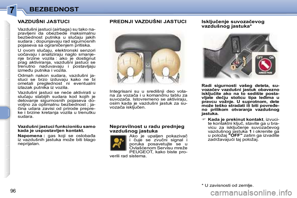 Peugeot 307 2006  Упутство за употребу (in Serbian) �7�B�E�Z�B�E�D�N�O�S�T� 
�9�6
�V�A�Z�D�U�Š�N�I� �J�A�S�T�U�C�I
�V�a�z�d�u�š�n�i� �j�a�s�t�u�c�i� �(�a�i�r�b�a�g�s�)� �s�u� �t�a�k�o� �n�a�- 
�p�r�a�v�l�j�e�n�i�  �d�a�  �o�b�e�z�b�e�d�e�  �m�a�k�s�i
