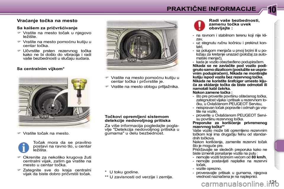 Peugeot 307 2006  Упутство за употребу (in Serbian) �1�0�P�R�A�K�T�I�Č�N�E� �I�N�F�O�R�M�A�C�I�J�E� 
�1�2�1
�V�r�a�ć�a�n�j�e� �t�o�č�k�a� �n�a� �m�e�s�t�o� 
�S�a� �k�a�i�š�e�m� �z�a� �p�r�i�č�v�r�š�ć�i�v�a�n�j�e�  
��  �V�r�a�t�i�t�e�  �n�a� 