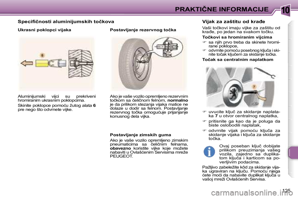 Peugeot 307 2006  Упутство за употребу (in Serbian) �1�0�P�R�A�K�T�I�Č�N�E� �I�N�F�O�R�M�A�C�I�J�E� 
�1�2�5
�A�l�u�m�i�n�i�j�u�m�s�k�i�  �v�i�j�c�i�  �s�u�  �p�r�e�k�r�i�v�e�n�i�  
�h�r�o�m�i�r�a�n�i�m� �u�k�r�a�s�n�i�m� �p�o�k�l�o�p�c�i�m�a�.�  
�S�k