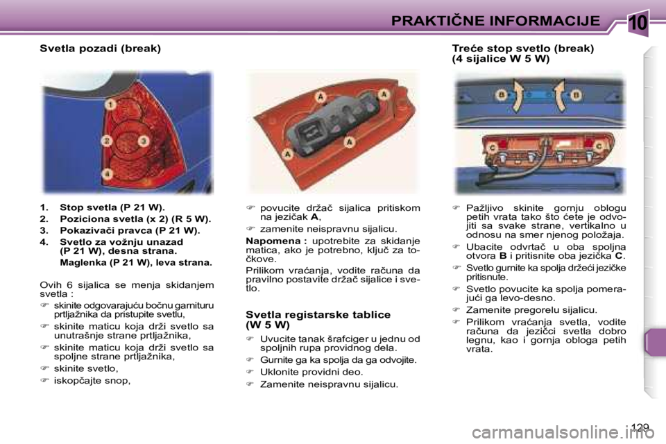 Peugeot 307 2006  Упутство за употребу (in Serbian) �1�0�P�R�A�K�T�I�Č�N�E� �I�N�F�O�R�M�A�C�I�J�E� 
�1�2�9
�
�  �P�a�ž�l�j�i�v�o�  �s�k�i�n�i�t�e�  �g�o�r�n�j�u�  �o�b�l�o�g�u� 
�p�e�t�i�h�  �v�r�a�t�a�  �t�a�k�o�  �š�t�o�  �ć�e�t�e�  �j�e�  �o