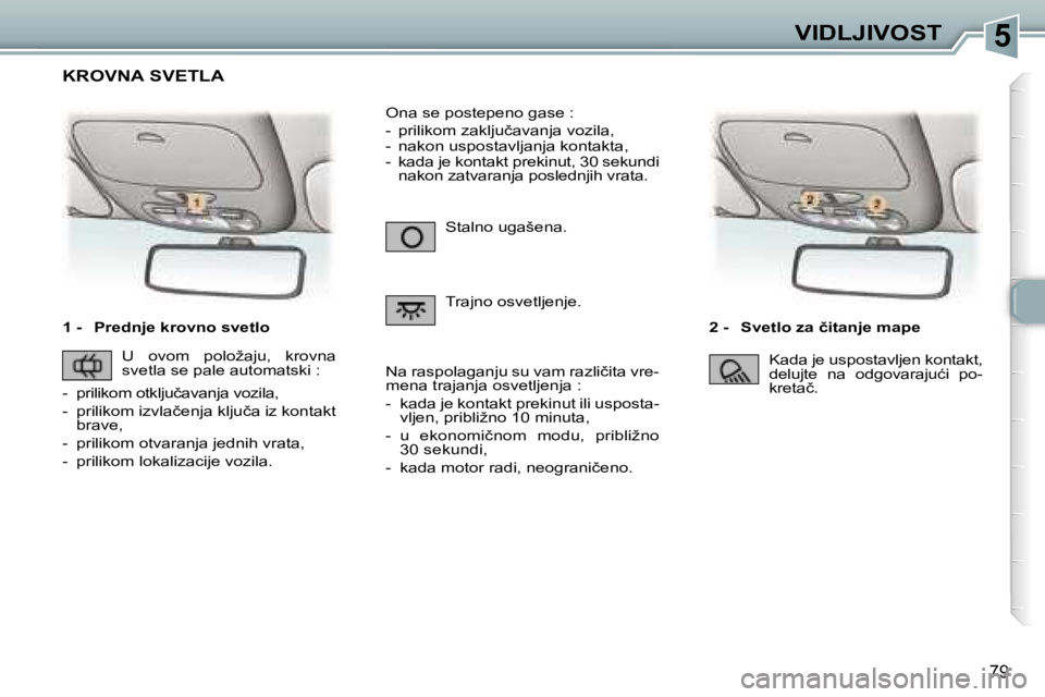 Peugeot 307 2006  Упутство за употребу (in Serbian) �5�V�I�D�L�J�I�V�O�S�T
�7�9
�1� �-�  �P�r�e�d�n�j�e� �k�r�o�v�n�o� �s�v�e�t�l�o�2� �-�  �S�v�e�t�l�o� �z�a� �č�i�t�a�n�j�e� �m�a�p�e� 
�S�t�a�l�n�o� �u�g�a�š�e�n�a�.�  
�T�r�a�j�n�o� �o�s�v�e�t�l�j�