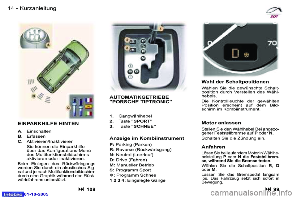 Peugeot 307 2005.5  Betriebsanleitung (in German) �1�4 �-
�0�1�-�1�0�-�2�0�0�5
�1�5
�-
�0�1�-�1�0�-�2�0�0�5
�K�u�r�z�a�n�l�e�i�t�u�n�g
�A�U�T�O�M�A�T�I�K�G�E�T�R�I�E�B�E�  
�"�P�O�R�S�C�H�E� �T�I�P�T�R�O�N�I�C�"
�1�.�  �G�a�n�g�w�ä�h�l�h�e�b