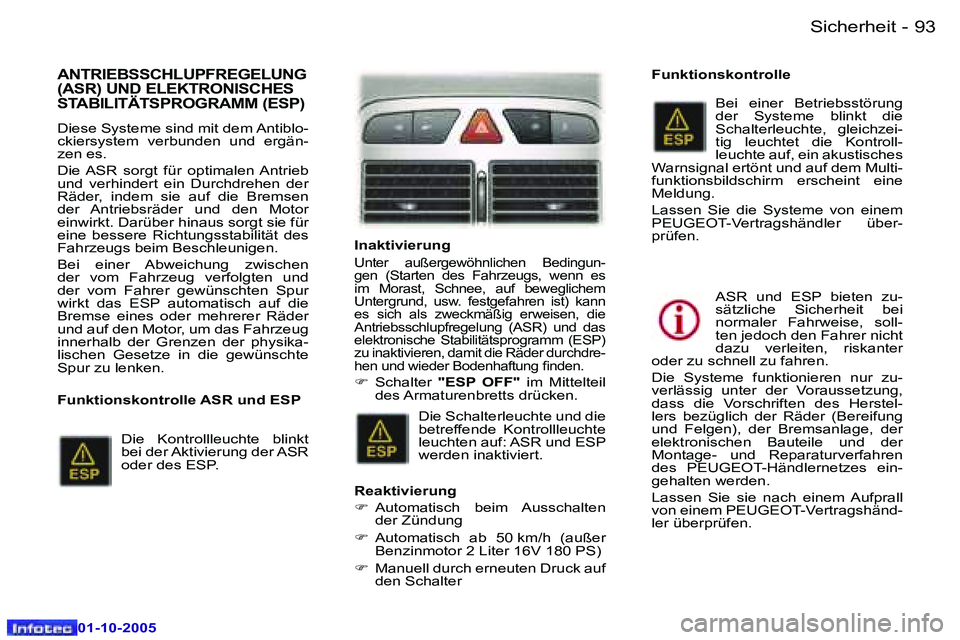 Peugeot 307 2005.5  Betriebsanleitung (in German) �S�i�c�h�e�r�h�e�i�t�9�2 �-
�0�1�-�1�0�-�2�0�0�5
�9�3�S�i�c�h�e�r�h�e�i�t�-
�0�1�-�1�0�-�2�0�0�5
�A�N�T�R�I�E�B�S�S�C�H�L�U�P�F�R�E�G�E�L�U�N�G�  
�(�A�S�R�)� �U�N�D� �E�L�E�K�T�R�O�N�I�S�C�H�E�S� 
�S