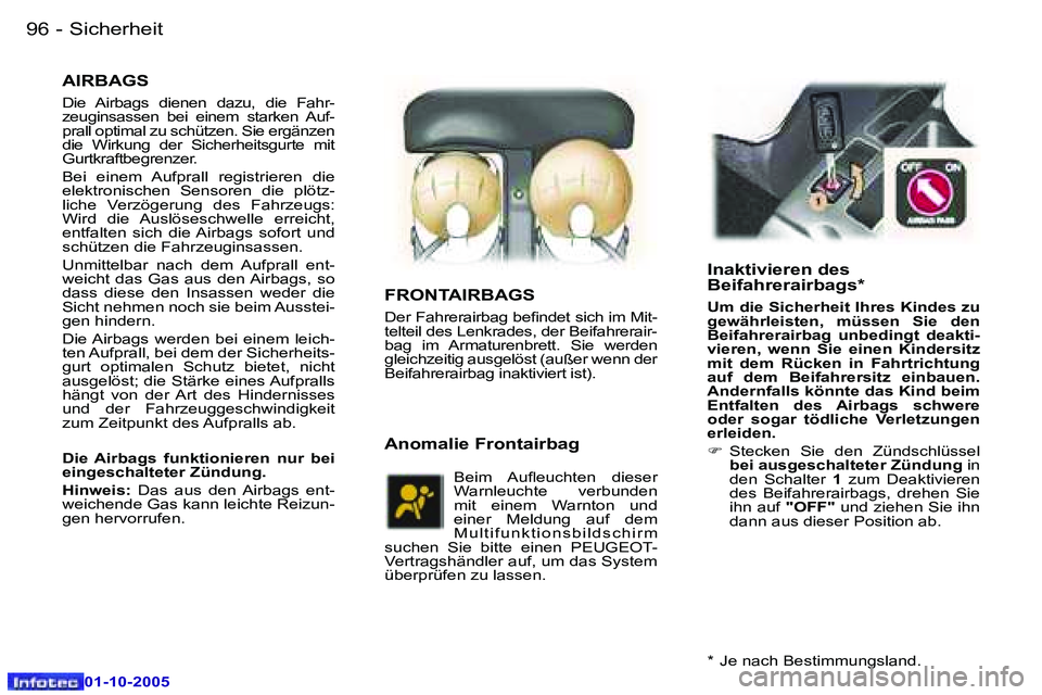 Peugeot 307 2005.5  Betriebsanleitung (in German) �S�i�c�h�e�r�h�e�i�t�9�6 �-
�0�1�-�1�0�-�2�0�0�5
�9�7�S�i�c�h�e�r�h�e�i�t�-
�0�1�-�1�0�-�2�0�0�5
�A�I�R�B�A�G�S
�D�i�e�  �A�i�r�b�a�g�s�  �d�i�e�n�e�n�  �d�a�z�u�,�  �d�i�e�  �F�a�h�r�- 
�z�e�u�g�i�n�