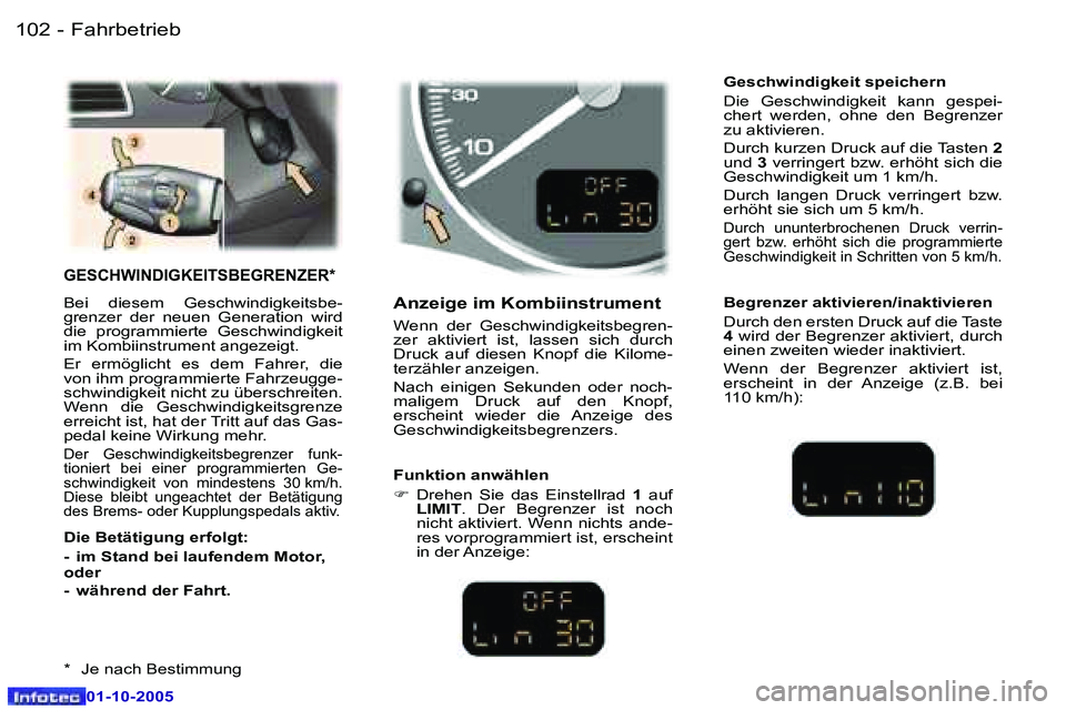 Peugeot 307 2005.5  Betriebsanleitung (in German) �F�a�h�r�b�e�t�r�i�e�b�1�0�2 �-
�0�1�-�1�0�-�2�0�0�5
�1�0�3�F�a�h�r�b�e�t�r�i�e�b�-
�0�1�-�1�0�-�2�0�0�5
�G�E�S�C�H�W�I�N�D�I�G�K�E�I�T�S�B�E�G�R�E�N�Z�E�R�*
�B�e�i�  �d�i�e�s�e�m�  �G�e�s�c�h�w�i�n�d