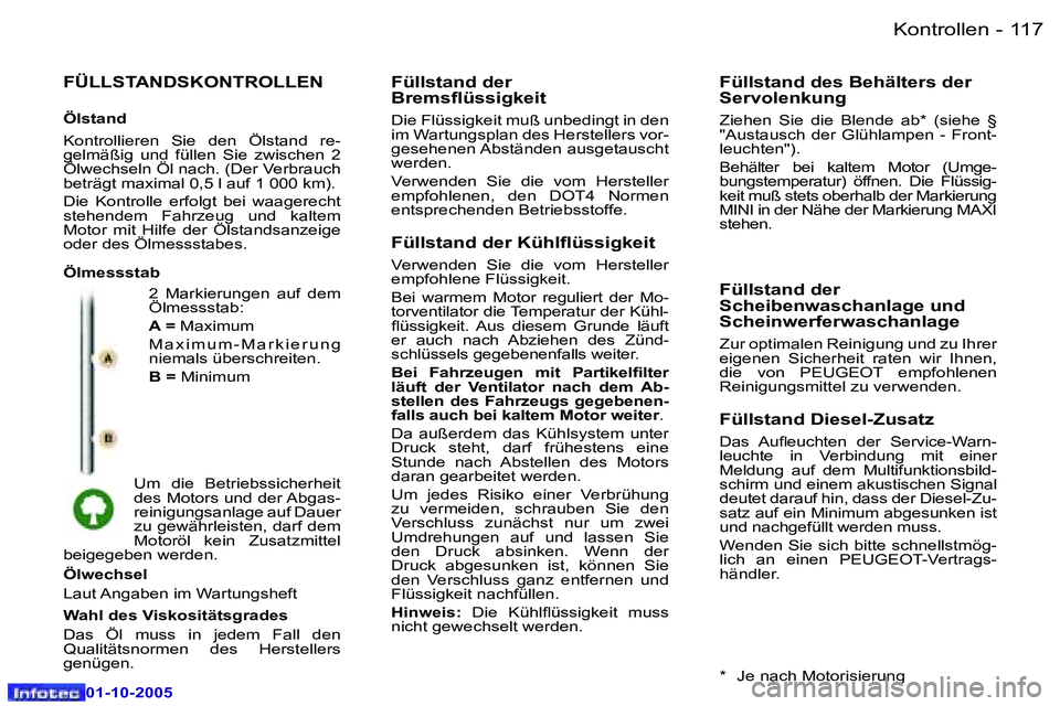 Peugeot 307 2005.5  Betriebsanleitung (in German) �K�o�n�t�r�o�l�l�e�n�1�1�6 �-
�0�1�-�1�0�-�2�0�0�5
�1�1�7�K�o�n�t�r�o�l�l�e�n�-
�0�1�-�1�0�-�2�0�0�5
�F�Ü�L�L�S�T�A�N�D�S�K�O�N�T�R�O�L�L�E�N
�2�  �M�a�r�k�i�e�r�u�n�g�e�n�  �a�u�f�  �d�e�m�  
�Ö�l�