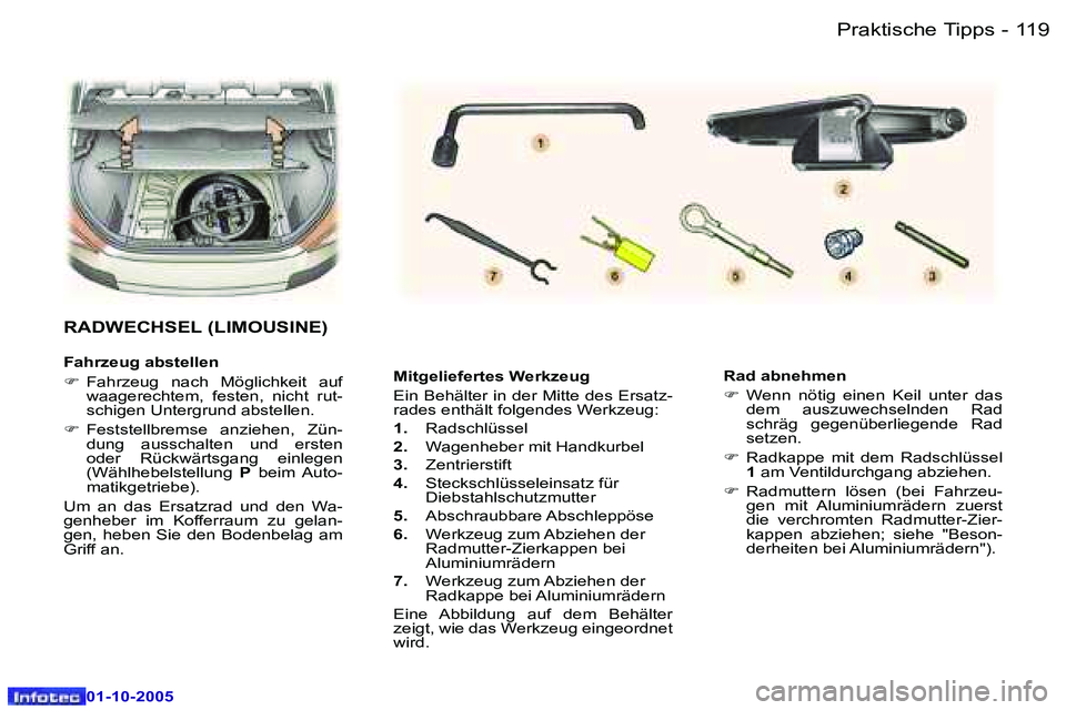 Peugeot 307 2005.5  Betriebsanleitung (in German) �1�1�9�P�r�a�k�t�i�s�c�h�e� �T�i�p�p�s�-
�0�1�-�1�0�-�2�0�0�5
�M�i�t�g�e�l�i�e�f�e�r�t�e�s� �W�e�r�k�z�e�u�g�  
�E�i�n� �B�e�h�ä�l�t�e�r� �i�n� �d�e�r� �M�i�t�t�e� �d�e�s� �E�r�s�a�t�z�- 
�r�a�d�e�s�