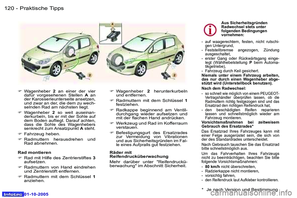 Peugeot 307 2005.5  Betriebsanleitung (in German) �P�r�a�k�t�i�s�c�h�e� �T�i�p�p�s�1�2�0 �-
�0�1�-�1�0�-�2�0�0�5
�1�2�1�P�r�a�k�t�i�s�c�h�e� �T�i�p�p�s�-
�0�1�-�1�0�-�2�0�0�5
�F�  �W�a�g�e�n�h�e�b�e�r�  �2�  �a�n�  �e�i�n�e�r�  �d�e�r�  �v�i�e�r� 
�d