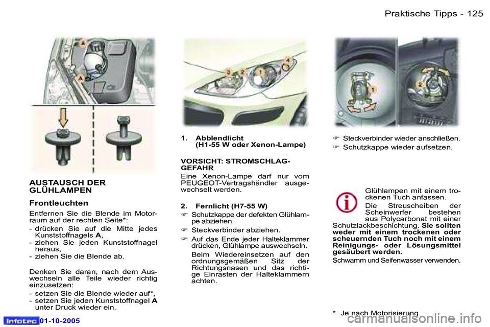 Peugeot 307 2005.5  Betriebsanleitung (in German) �P�r�a�k�t�i�s�c�h�e� �T�i�p�p�s�1�2�4 �-
�0�1�-�1�0�-�2�0�0�5
�1�2�5�P�r�a�k�t�i�s�c�h�e� �T�i�p�p�s�-
�0�1�-�1�0�-�2�0�0�5
�A�U�S�T�A�U�S�C�H� �D�E�R�  
�G�L�Ü�H�L�A�M�P�E�N
�F�r�o�n�t�l�e�u�c�h�t�