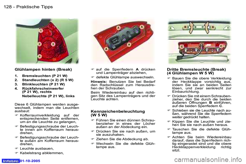 Peugeot 307 2005.5  Betriebsanleitung (in German) �P�r�a�k�t�i�s�c�h�e� �T�i�p�p�s�1�2�8 �-
�0�1�-�1�0�-�2�0�0�5
�1�2�9�P�r�a�k�t�i�s�c�h�e� �T�i�p�p�s�-
�0�1�-�1�0�-�2�0�0�5
�D�r�i�t�t�e� �B�r�e�m�s�l�e�u�c�h�t�e� �(�B�r�e�a�k�)�  
�(�4� �G�l�ü�h�l