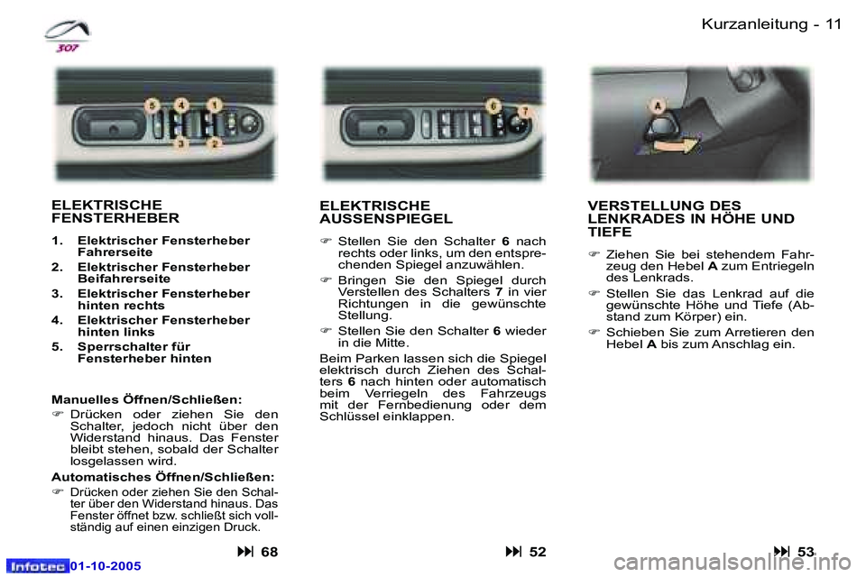 Peugeot 307 2005.5  Betriebsanleitung (in German) �1�0 �-
�0�1�-�1�0�-�2�0�0�5
�1�1
�-
�0�1�-�1�0�-�2�0�0�5
�K�u�r�z�a�n�l�e�i�t�u�n�g
�E�L�E�K�T�R�I�S�C�H�E�  
�A�U�S�S�E�N�S�P�I�E�G�E�L� 
�F �  �S�t�e�l�l�e�n�  �S�i�e�  �d�e�n�  �S�c�h�a�l�t�e�r�  