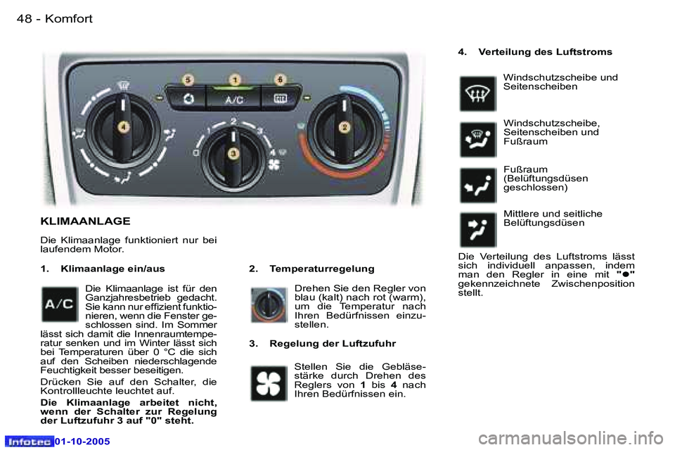 Peugeot 307 2005.5  Betriebsanleitung (in German) �K�o�m�f�o�r�t�4�8 �-
�0�1�-�1�0�-�2�0�0�5
�4�9�K�o�m�f�o�r�t�-
�0�1�-�1�0�-�2�0�0�5
�K�L�I�M�A�A�N�L�A�G�E
�2�.�  �T�e�m�p�e�r�a�t�u�r�r�e�g�e�l�u�n�g� 
�1�.�  �K�l�i�m�a�a�n�l�a�g�e� �e�i�n�/�a�u�s

