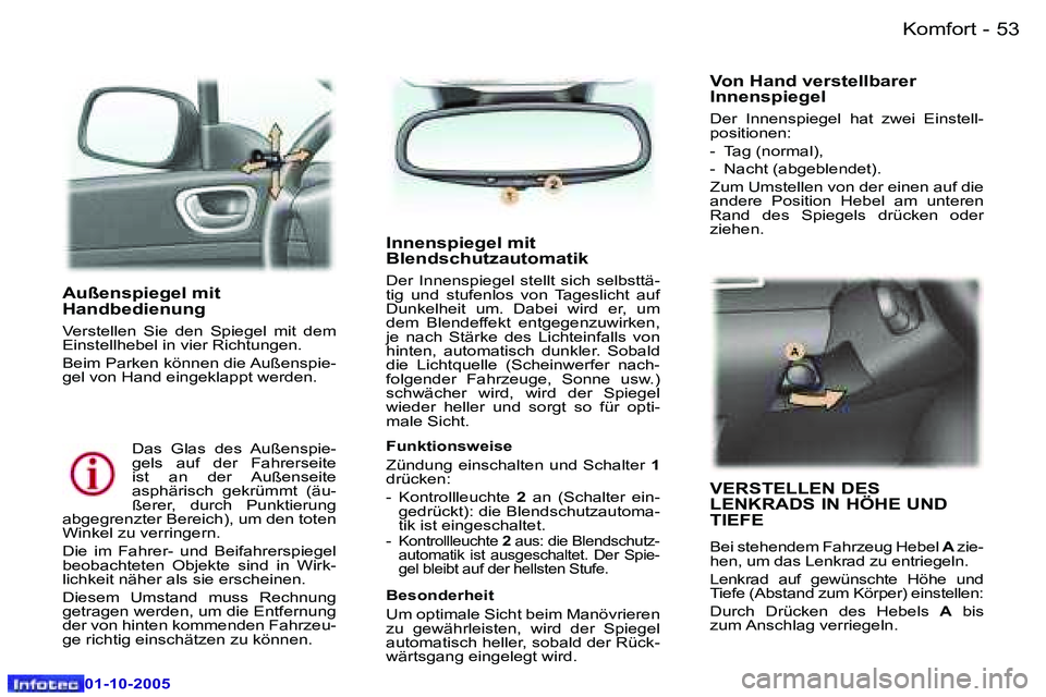 Peugeot 307 2005.5  Betriebsanleitung (in German) �K�o�m�f�o�r�t�5�2 �-
�0�1�-�1�0�-�2�0�0�5
�5�3�K�o�m�f�o�r�t�-
�0�1�-�1�0�-�2�0�0�5
�A�u�ß�e�n�s�p�i�e�g�e�l� �m�i�t�  
�H�a�n�d�b�e�d�i�e�n�u�n�g� 
�V�e�r�s�t�e�l�l�e�n�  �S�i�e�  �d�e�n�  �S�p�i�e