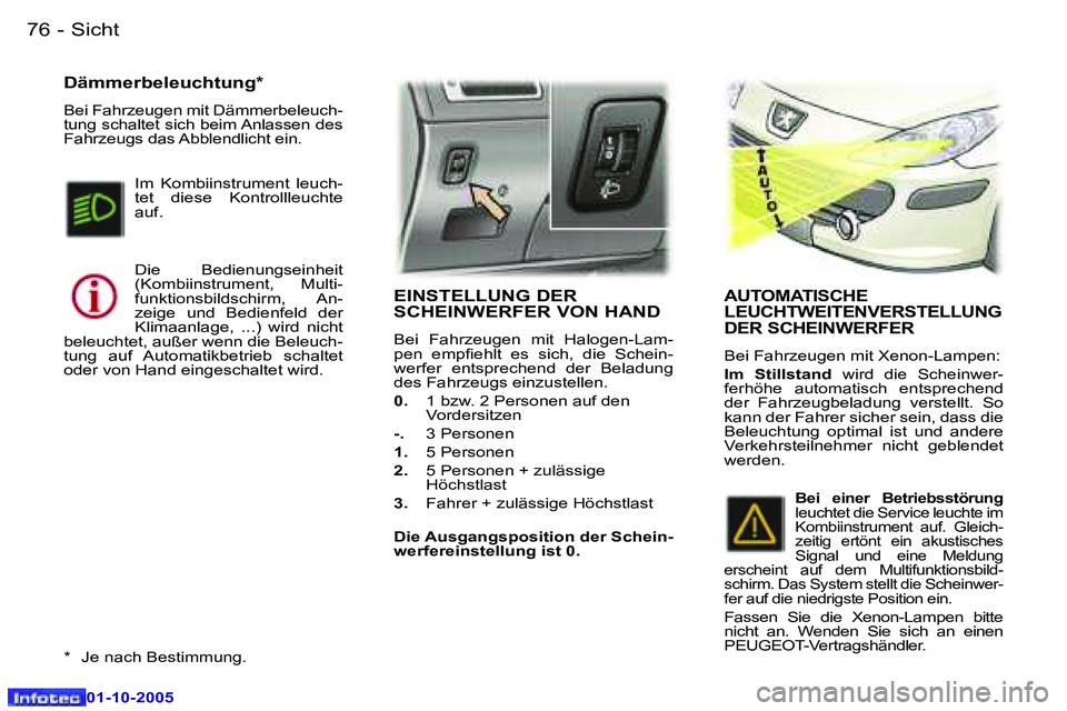 Peugeot 307 2005.5  Betriebsanleitung (in German) �S�i�c�h�t�7�6 �-
�0�1�-�1�0�-�2�0�0�5
�7�7�S�i�c�h�t�-
�0�1�-�1�0�-�2�0�0�5
�E�I�N�S�T�E�L�L�U�N�G� �D�E�R�  
�S�C�H�E�I�N�W�E�R�F�E�R� �V�O�N� �H�A�N�D� 
�B�e�i�  �F�a�h�r�z�e�u�g�e�n�  �m�i�t�  �H�
