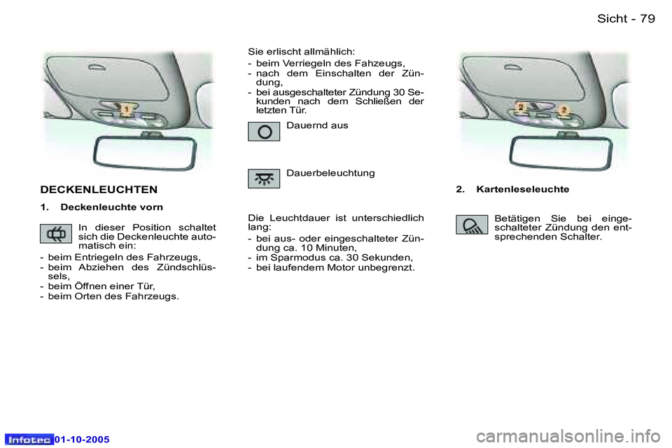 Peugeot 307 2005.5  Betriebsanleitung (in German) �S�i�c�h�t�7�8 �-
�0�1�-�1�0�-�2�0�0�5
�7�9�S�i�c�h�t�-
�0�1�-�1�0�-�2�0�0�5
�D�E�C�K�E�N�L�E�U�C�H�T�E�N
�1�.�  �D�e�c�k�e�n�l�e�u�c�h�t�e� �v�o�r�n�2�.�  �K�a�r�t�e�n�l�e�s�e�l�e�u�c�h�t�e
�D�a�u�e�