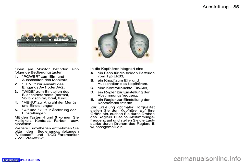 Peugeot 307 2005.5  Betriebsanleitung (in German) �A�u�s�s�t�a�t�t�u�n�g�8�4 �-
�0�1�-�1�0�-�2�0�0�5
�8�5�A�u�s�s�t�a�t�t�u�n�g�-
�0�1�-�1�0�-�2�0�0�5
�O�b�e�n�  �a�m�  �M�o�n�i�t�o�r�  �b�e�i�n�d�e�n�  �s�i�c�h 
�f�o�l�g�e�n�d�e� �B�e�d�i�e�n�u�n�g�