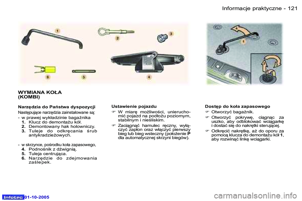 Peugeot 307 2005.5  Instrukcja Obsługi (in Polish) �I�n�f�o�r�m�a�c�j�e� �p�r�a�k�t�y�c�z�n�e�1�2�0 �-
�0�1�-�1�0�-�2�0�0�5
�1�2�1�I�n�f�o�r�m�a�c�j�e� �p�r�a�k�t�y�c�z�n�e�-
�0�1�-�1�0�-�2�0�0�5
�U�s�t�a�w�i�e�n�i�e� �p�o�j�a�z�d�u 
�F�  �W�  �m�i�a�