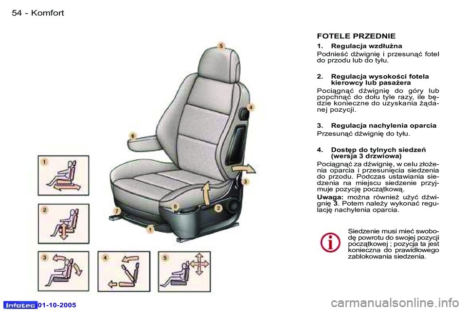 Peugeot 307 2005.5  Instrukcja Obsługi (in Polish) �K�o�m�f�o�r�t�5�4 �-
�0�1�-�1�0�-�2�0�0�5
�5�5�K�o�m�f�o�r�t�-
�0�1�-�1�0�-�2�0�0�5
�F�O�T�E�L�E� �P�R�Z�E�D�N�I�E
�1�.�  �R�e�g�u�l�a�c�j�a� �w�z�d�ł�uG�n�a 
�P�o�d�n�i�e;�ć�  �dE�w�i�g�n�i
� 