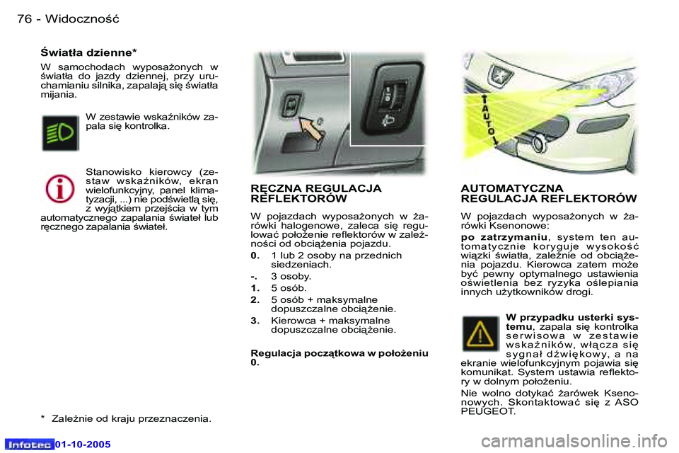 Peugeot 307 2005.5  Instrukcja Obsługi (in Polish) �W�i�d�o�c�z�n�o�ć�7�6 �-
�0�1�-�1�0�-�2�0�0�5
�7�7�W�i�d�o�c�z�n�o�ć�-
�0�1�-�1�0�-�2�0�0�5
�R	�C�Z�N�A� �R�E�G�U�L�A�C�J�A�  
�R�E�F�L�E�K�T�O�R�Ó�W
�W�  �p�o�j�a�z�d�a�c�h�  �w�y�p�o�s�aG�