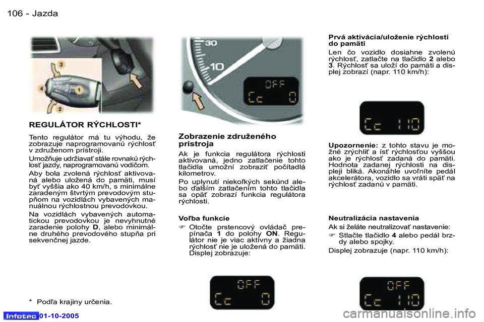Peugeot 307 2005.5  Užívateľská príručka (in Slovak) �J�a�z�d�a�1�0�6 �-
�0�1�-�1�0�-�2�0�0�5
�1�0�7�J�a�z�d�a�-
�0�1�-�1�0�-�2�0�0�5
�R�E�G�U�L�Á�T�O�R� �R�Ý�C�H�L�O�S�T�I�*
�T�e�n�t�o�  �r�e�g�u�l�á�t�o�r�  �m�á�  �t�u�  �v�ý�h�o�d�u�,�  �ž�e�  