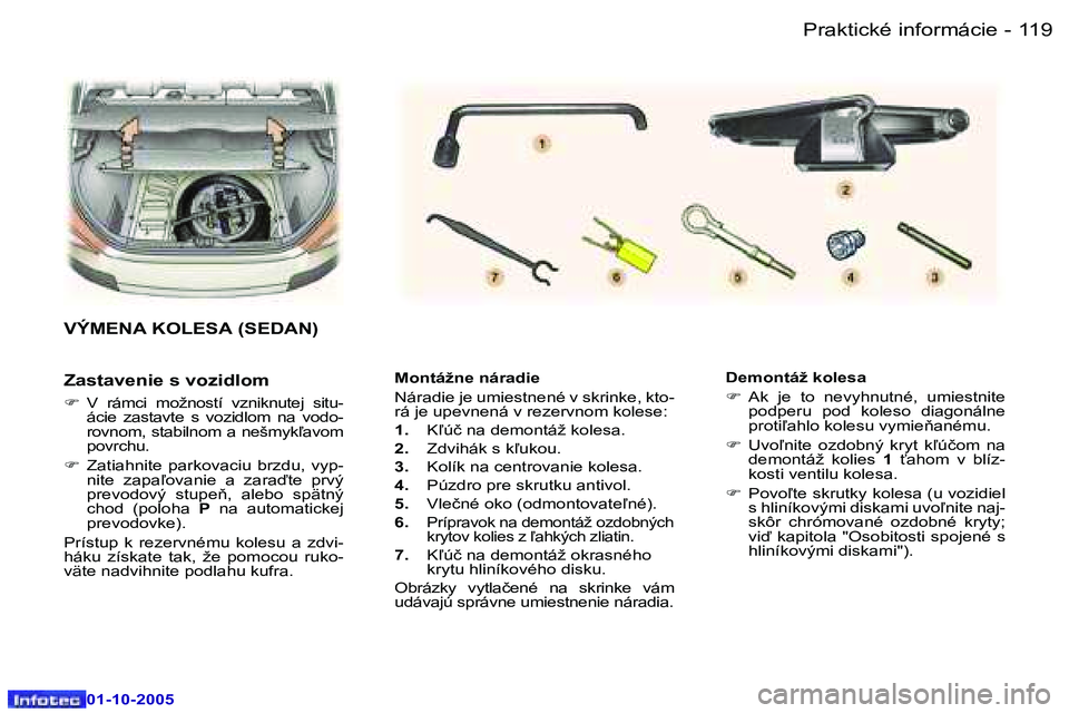 Peugeot 307 2005.5  Užívateľská príručka (in Slovak) �1�1�9�P�r�a�k�t�i�c�k�é� �i�n�f�o�r�m�á�c�i�e�-
�0�1�-�1�0�-�2�0�0�5
�M�o�n�t�á�ž�n�e� �n�á�r�a�d�i�e 
�N�á�r�a�d�i�e� �j�e� �u�m�i�e�s�t�n�e�n�é� �v� �s�k�r�i�n�k�e�,� �k�t�o�- 
�r�á� �j�e� 
