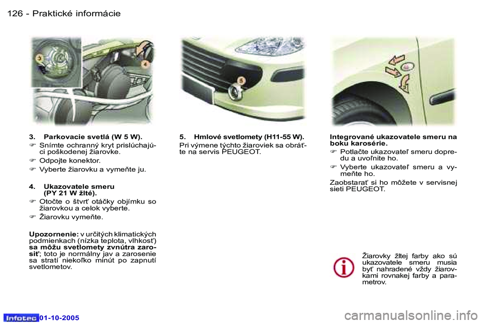 Peugeot 307 2005.5  Užívateľská príručka (in Slovak) �P�r�a�k�t�i�c�k�é� �i�n�f�o�r�m�á�c�i�e�1�2�6 �-
�0�1�-�1�0�-�2�0�0�5
�1�2�7�P�r�a�k�t�i�c�k�é� �i�n�f�o�r�m�á�c�i�e�-
�0�1�-�1�0�-�2�0�0�5
�I�n�t�e�g�r�o�v�a�n�é� �u�k�a�z�o�v�a�t�e�l�e� �s�m�e