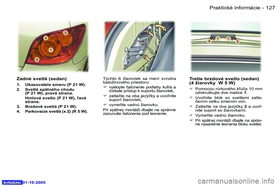 Peugeot 307 2005.5  Užívateľská príručka (in Slovak) �P�r�a�k�t�i�c�k�é� �i�n�f�o�r�m�á�c�i�e�1�2�6 �-
�0�1�-�1�0�-�2�0�0�5
�1�2�7�P�r�a�k�t�i�c�k�é� �i�n�f�o�r�m�á�c�i�e�-
�0�1�-�1�0�-�2�0�0�5
�Z�a�d�n�é� �s�v�e�t�l�á� �(�s�e�d�a�n�)
�1�.�  �U�k�