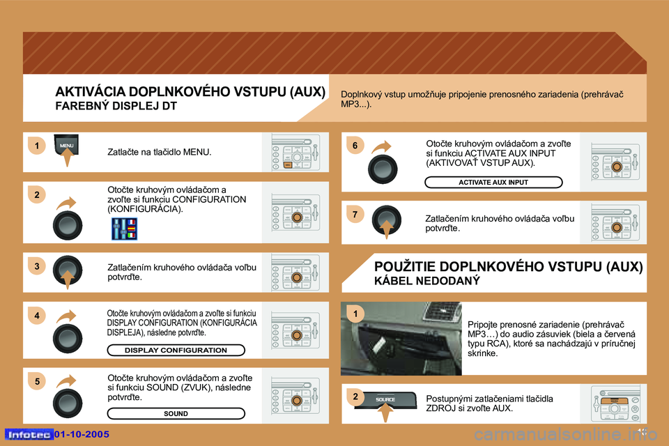 Peugeot 307 2005.5  Užívateľská príručka (in Slovak) �1�8
�2 
�3 
�4�5 �6 
�7
�1
�1
�2
�A�K�T�I�V�Á�C�I�A� �D�O�P�L�N�K�O�V�É�H�O� �V�S�T�U�P�U� �(�A�U�X�)
�F�A�R�E�B�N�Ý� �D�I�S�P�L�E�J� �D�T
�Z�a�t�l�a�č�t�e� �n�a� �t�l�a�č�i�d�l�o� �M�E�N�U�.�  
