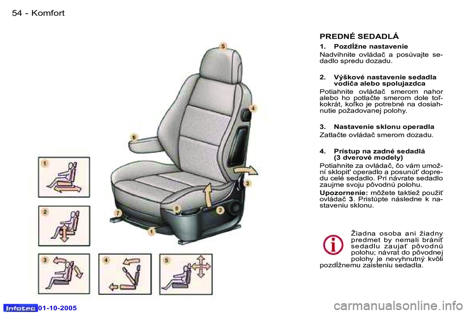Peugeot 307 2005.5  Užívateľská príručka (in Slovak) �K�o�m�f�o�r�t�5�4 �-
�0�1�-�1�0�-�2�0�0�5
�5�5�K�o�m�f�o�r�t�-
�0�1�-�1�0�-�2�0�0�5
�P�R�E�D�N�É� �S�E�D�A�D�L�Á
�1�.�  �P�o�z�d�Í�ž�n�e� �n�a�s�t�a�v�e�n�i�e 
�N�a�d�v�i�h�n�i�t�e�  �o�v�l�á�d�