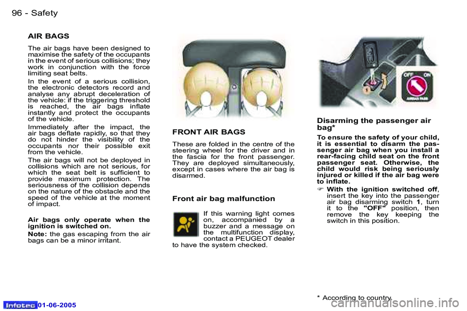 Peugeot 307 2005  Owners Manual �S�a�f�e�t�y�9�6 �-
�0�1�-�0�6�-�2�0�0�5
�9�7�S�a�f�e�t�y�-
�0�1�-�0�6�-�2�0�0�5
�A�I�R� �B�A�G�S
�T�h�e� �a�i�r� �b�a�g�s� �h�a�v�e� �b�e�e�n� �d�e�s�i�g�n�e�d� �t�o�  
�m�a�x�i�m�i�s�e� �t�h�e� �s�a